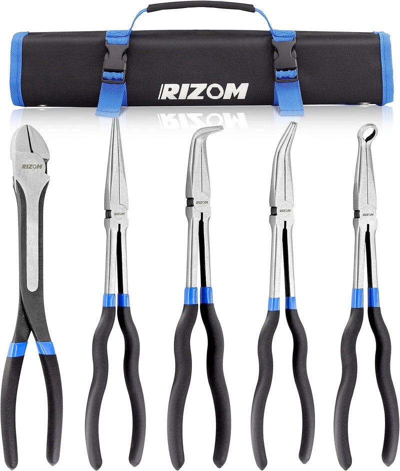 Rizom 5-Piece 11 Inch Long Needle Nose Pliers Set, Extra Long Reach Pliers Set, 45°&90° Bent Needle Nose Pliers, Circle Nose and Diagonal Pliers for Narrow Spaces and Limited Areas - Image 1